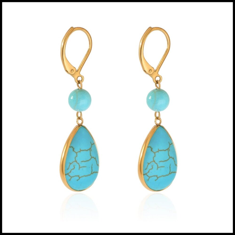Sterling Silver Teardrop Leverback Earrings 18k Gold Plated Turquoise Gemstone
